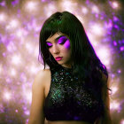 Teal-haired woman in purple eyeshadow on bokeh light background