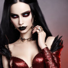 Dramatic makeup and gothic jewelry on person against pink background