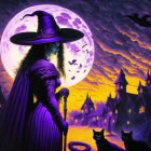 Silhouetted witch with staff in front of full moon, bats, black cats, and go