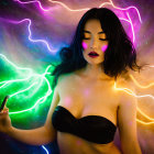 Dark-haired woman in strapless attire surrounded by vibrant neon light swirls.