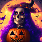 Skeleton with Purple Hair in Witch Hat Holding Pumpkin Under Full Moon