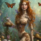 Long Red-Haired Female Figure in Fantastical Forest