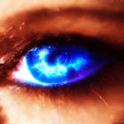 Fiery nebula-like eye with electric blue swirls and dark ash textures