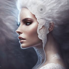 Ethereal woman with white hair and lace patterns on dark background