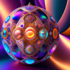 Colorful digital artwork: intricate spherical fractal patterns on a purple and blue background