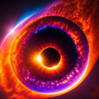 Detailed illustration of black hole event horizon with accretion disk and background star.