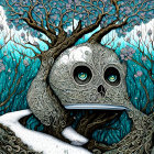 Detailed surreal illustration: Creature with expressive eyes in whimsical forest