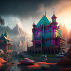 Vibrant illuminated palace in mystical fantasy landscape