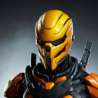 Futuristic yellow and black helmet with "Marshall" on tactical suit