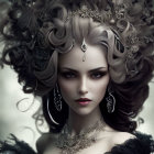 Portrait of woman with curly hair, bold makeup, and elegant jewelry against misty backdrop