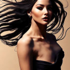 Stylized woman with flowing hair and black dress on neutral background