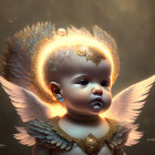 Digital artwork: Baby with angel wings and golden headgear on soft golden background