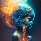 Surreal artwork: girl's profile with water and flames hair on dark background