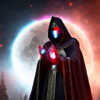 Hooded figure with red visor and cosmic portal in red sky