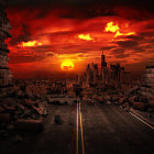 Dramatic digital artwork: Mushroom cloud explosion over city skyline at dusk