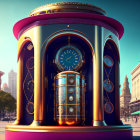 Futuristic golden kiosk with clock faces in open plaza