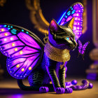 Digital Artwork: Black Cat with Purple Butterfly Wings and Collar Beside Matching Butterfly