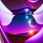 Abstract digital artwork: surreal purple landscape with vibrant sunset, stars, and celestial bodies