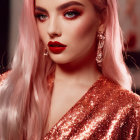 Pink-haired woman in gold dress with red lipstick and bokeh lights