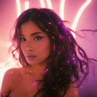 Young woman with wavy hair in neon pink and purple background