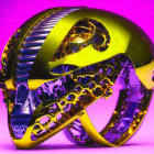 Futuristic golden helmet with intricate patterns on purple background