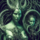 Fantasy art with two figures in ornate headpieces and metallic garments