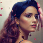 Woman with Blue and Pink Ombré Hair and Earrings Glancing Back with Heart Background