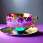 Iridescent teacup with floral designs and gold accents on purple saucer.