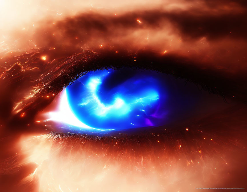 Fiery nebula-like eye with electric blue swirls and dark ash textures