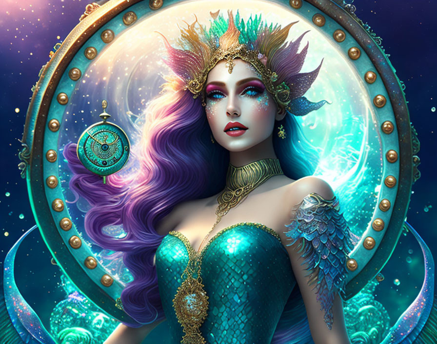 Fantasy art of woman with purple hair and shell crown in celestial setting