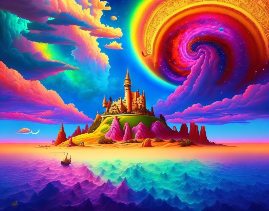 Fantasy landscape with castle, rainbow skies, galaxy, and boat