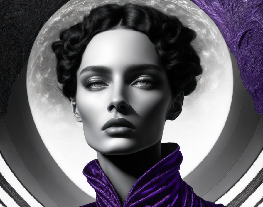 Monochromatic image of woman with stylized hair against moon backdrop and vibrant purple collar framed by abstract