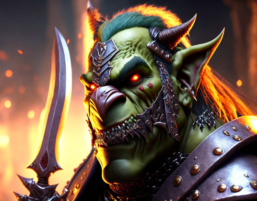 Green-skinned orc in armor wields sword in fiery battlefield