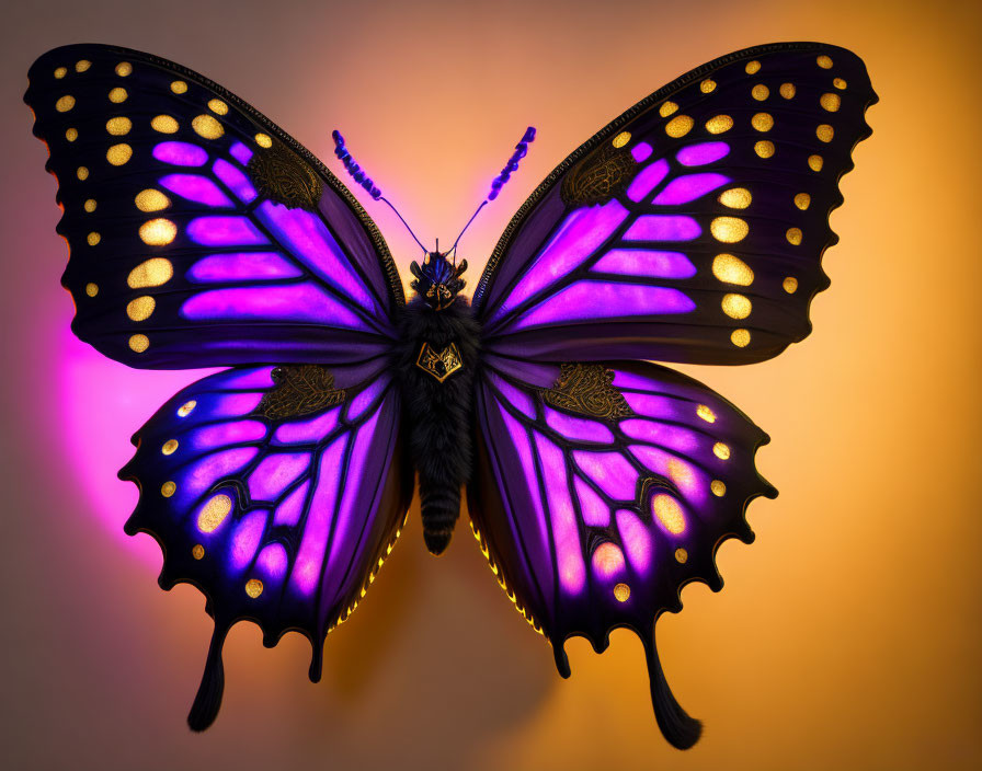 Colorful Backlit Artificial Butterfly with Purple Wings on Golden-Orange Background