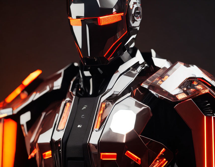 Futuristic armored robot with glowing orange elements on dark background