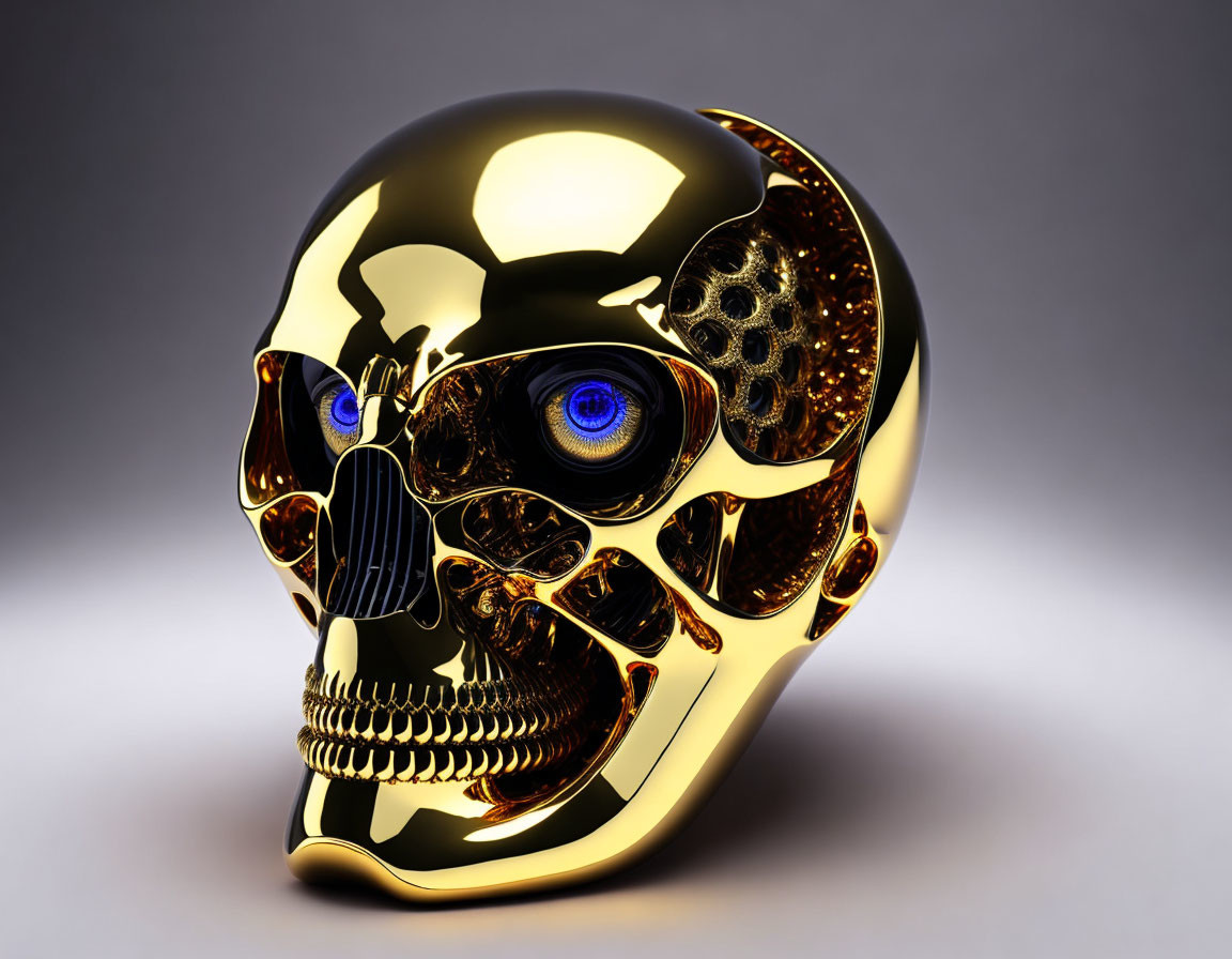 Golden Skull with Blue Glowing Eyes on Gray Background