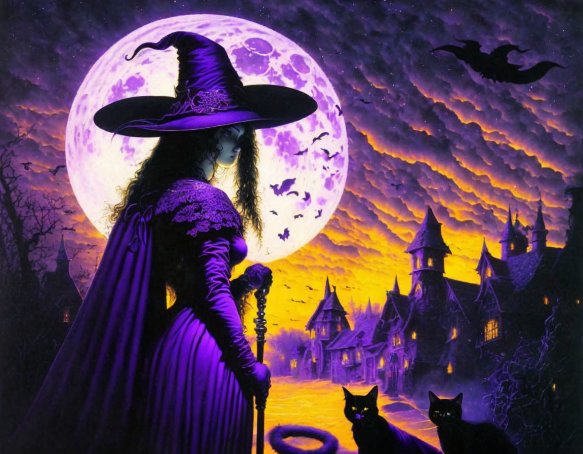 Silhouetted witch with staff in front of full moon, bats, black cats, and go