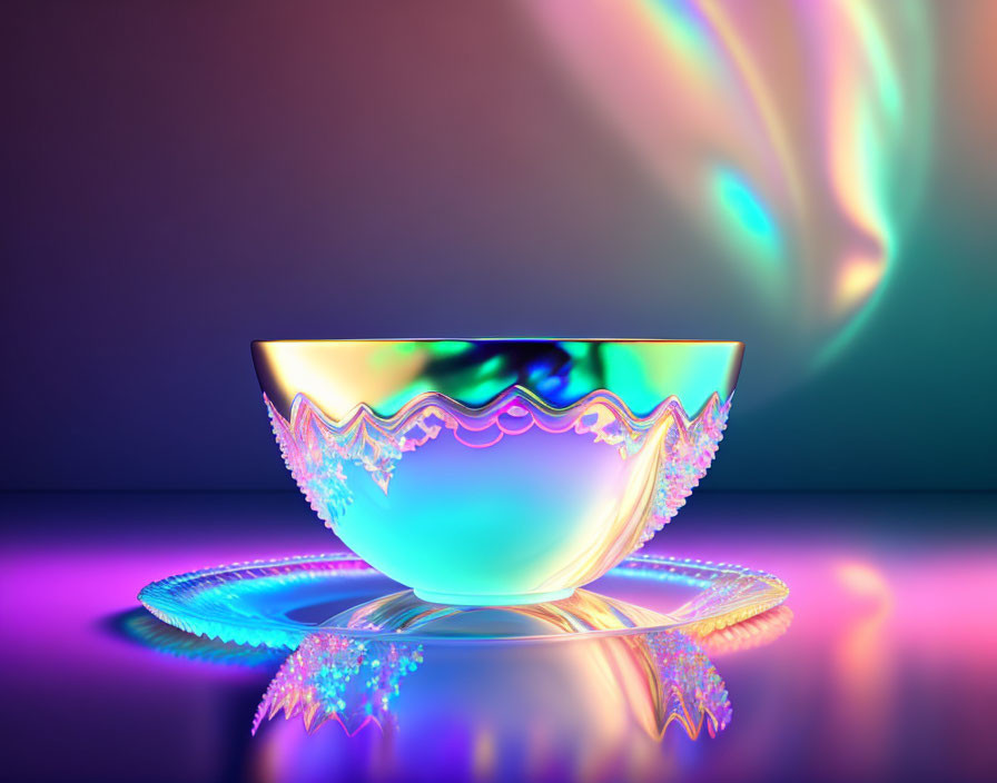 Colorful iridescent bowl on reflective surface with neon light patterns.