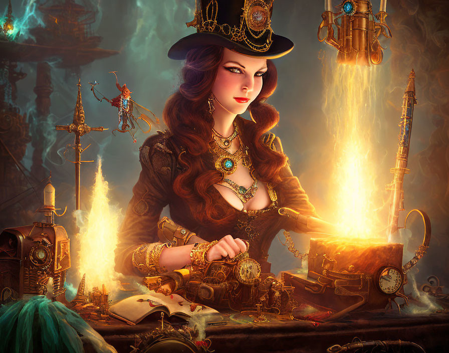 Steampunk woman in top hat performs mystical ritual with flames on table