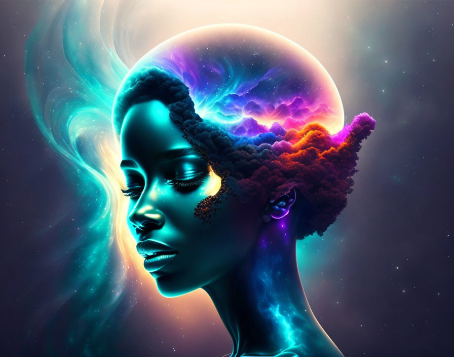 Cosmic-themed digital artwork of woman with vibrant nebula hair