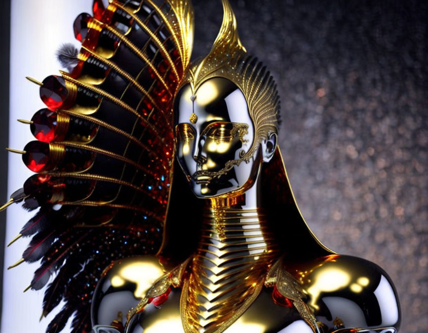 Golden humanoid figure with metallic sheen and ruby-accented headdress.