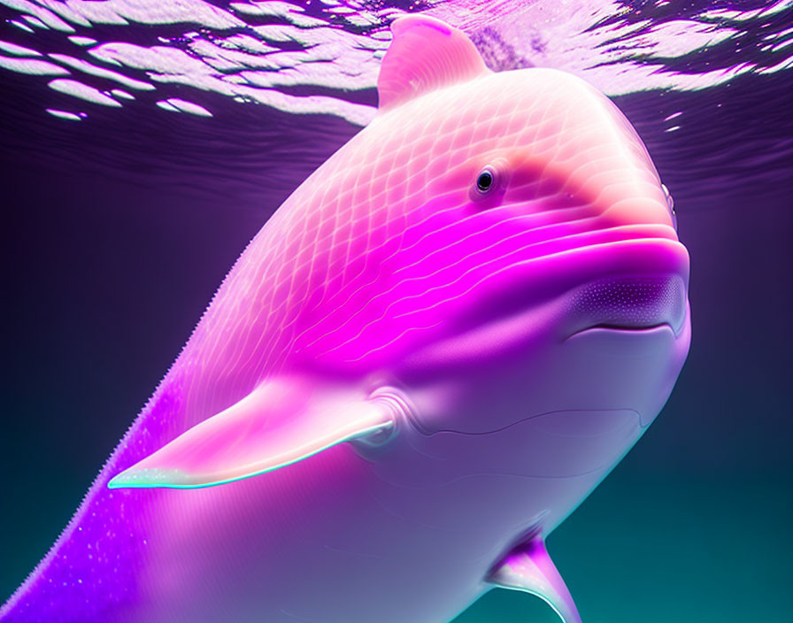 Vibrant digital illustration: Dolphin in pink and purple underwater scene