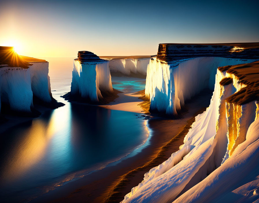 Tranquil sunset scene with ice cliffs, blue water, and golden sunlight