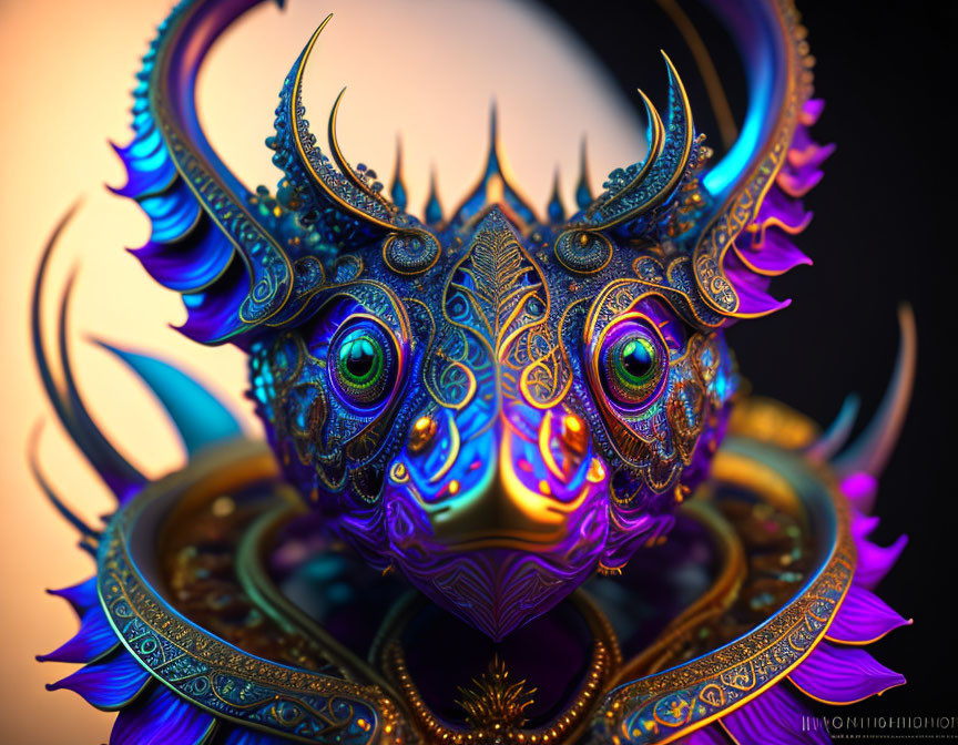 Colorful digital artwork of mystical creature with ornate horns and multiple luminous eyes on gradient background