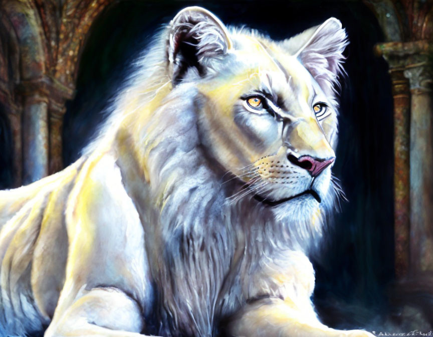 Detailed painting of majestic lion with intense eyes and soft mane against archaic backdrop