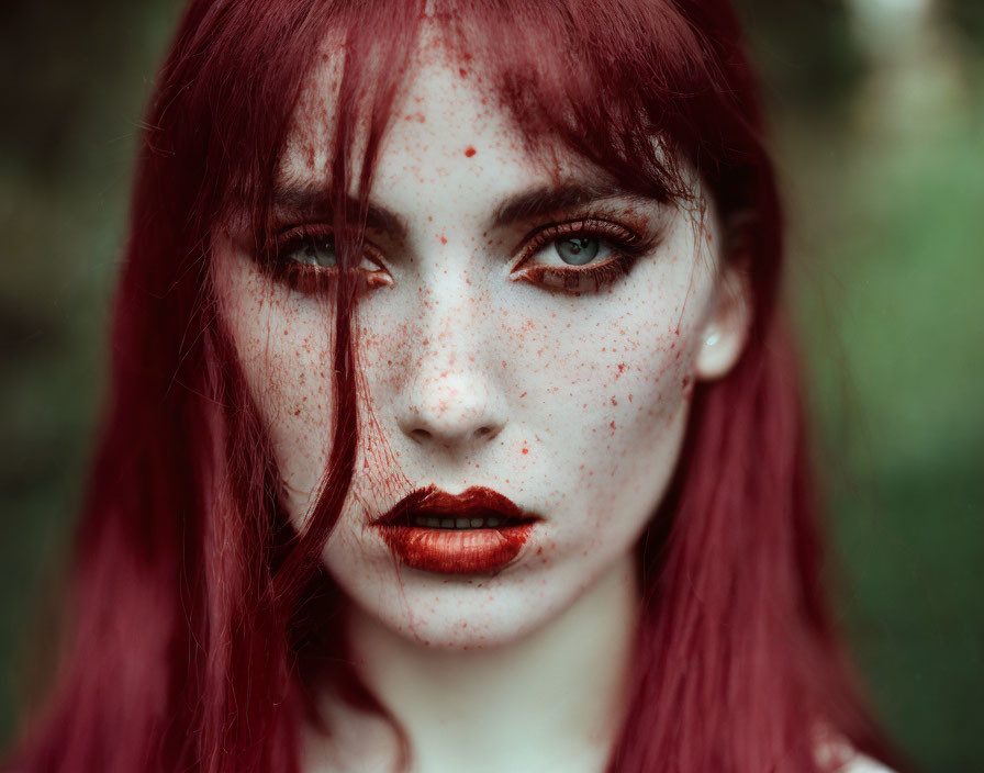 Red-haired woman with green eyes and freckles in dramatic makeup