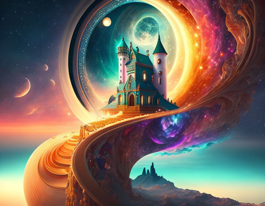 Fantasy landscape with castle on cosmic path under starry sky