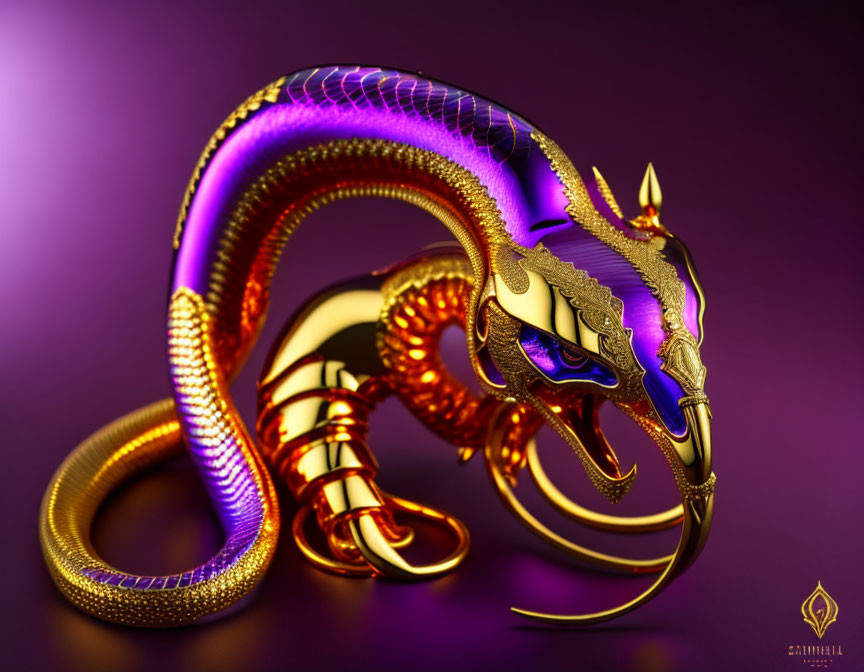 Intricate Golden Dragon with Purple Highlights on Dark Background