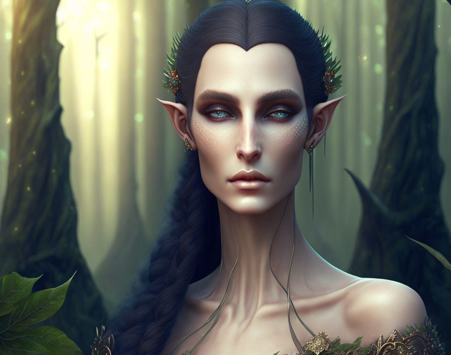 Ethereal elf with blue eyes, pointed ears, and forest background