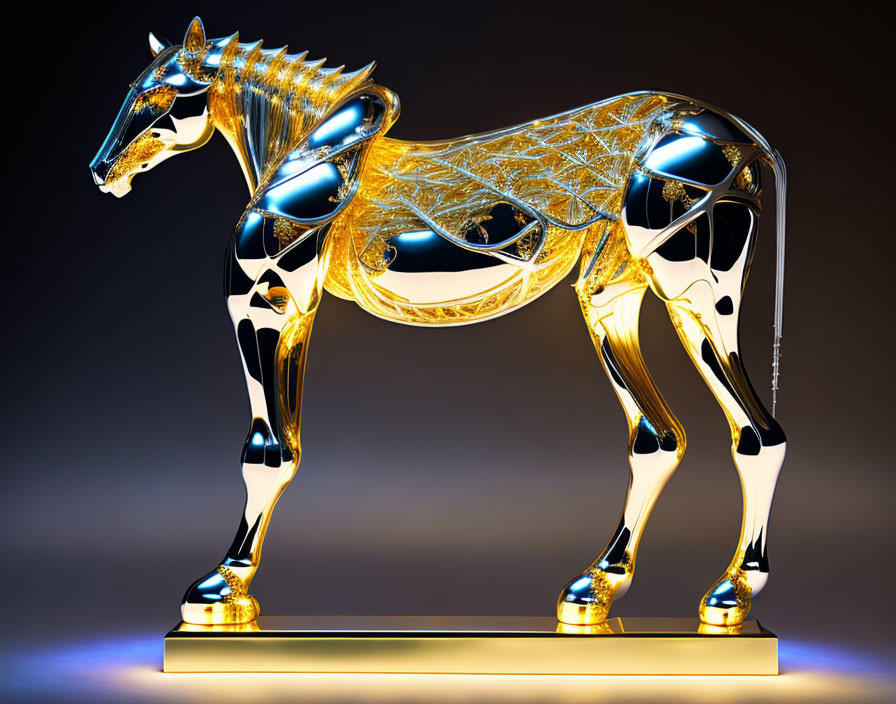 Metallic Horse Sculpture with Gold and Silver Patterns on Pedestal